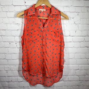 Lush Women's Sleeveless Sheer Full Button Collared Blouse Top Size XS Multicolor